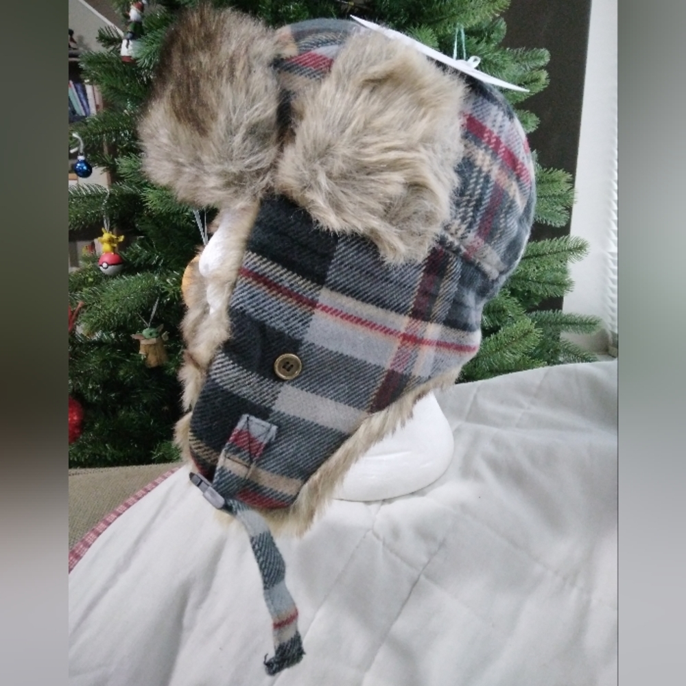 NWT Goodfellow & Co Men's Plaid Faux Fur Trapper Hat Size Adult